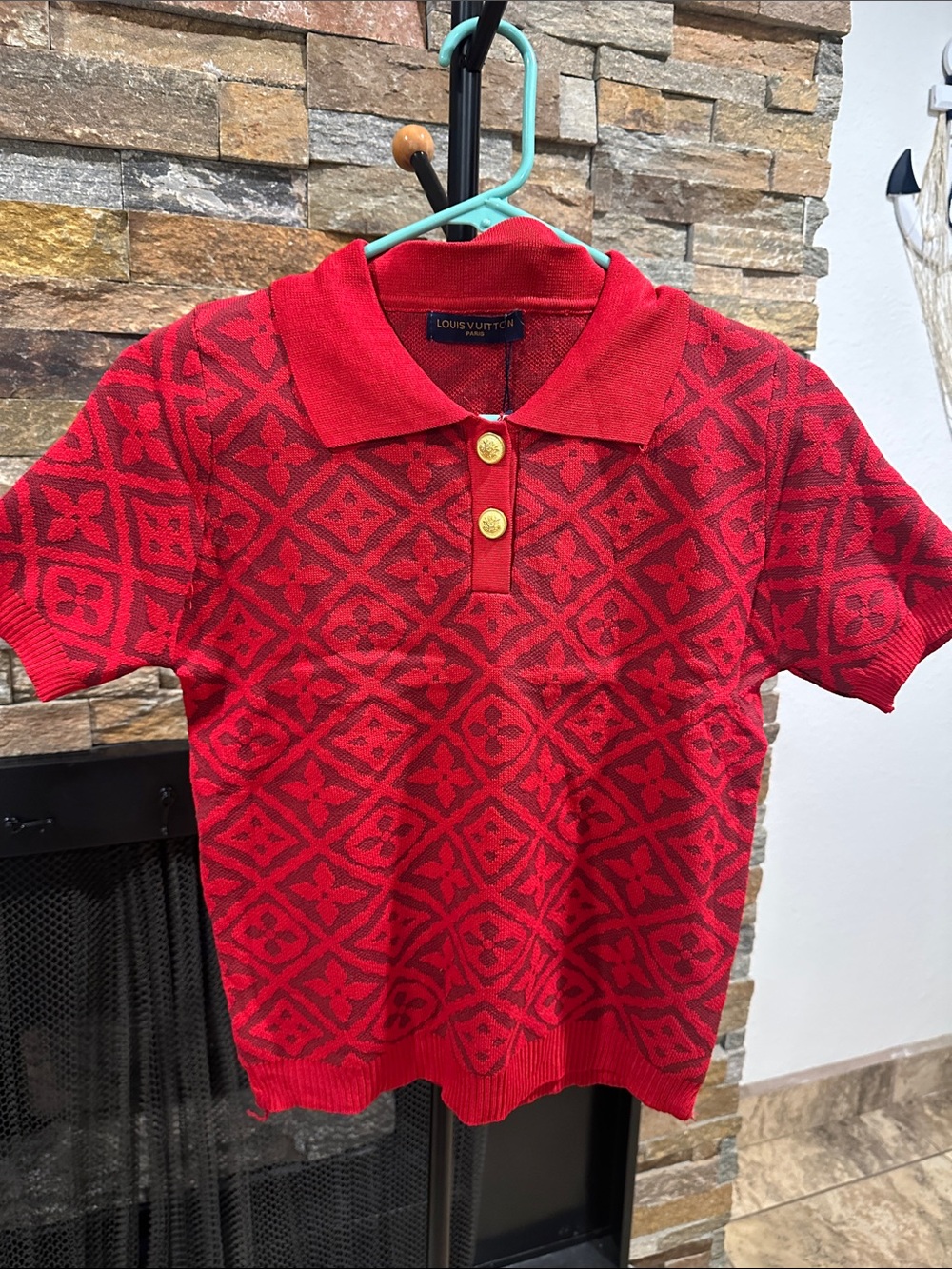 Red Jacquard Polo with Gold Buttons size S